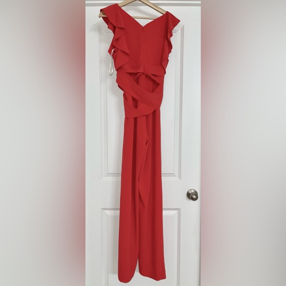 NWT Halston Heritage Women Cold Shoulder Ruffled V-Neck Red Jumpsuit MSRP $ 445 - Picture 6 of 7